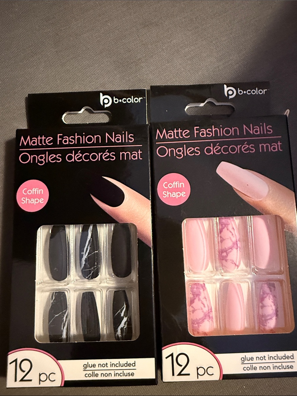 b.color Matte Fashion Coffin Nails - Black Marble & Pink Marble (2 Sets)